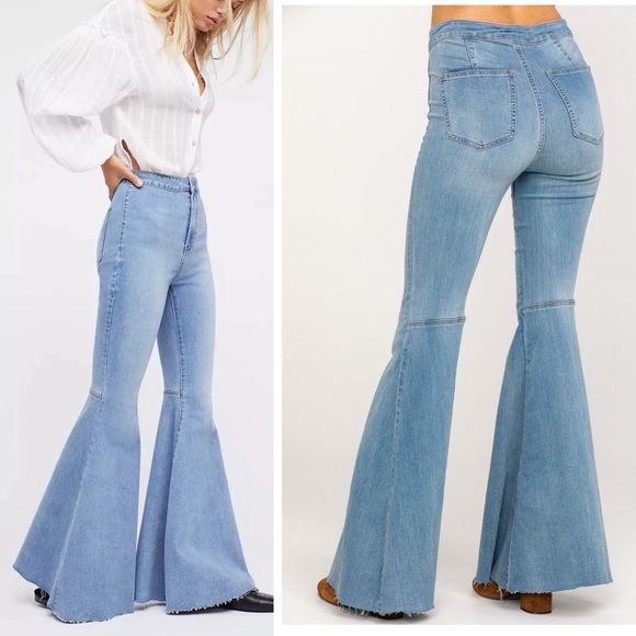 Free People Just Float On Super Flare High Rise Jeans Vintage Blue Light Wash - Picture 3 of 16